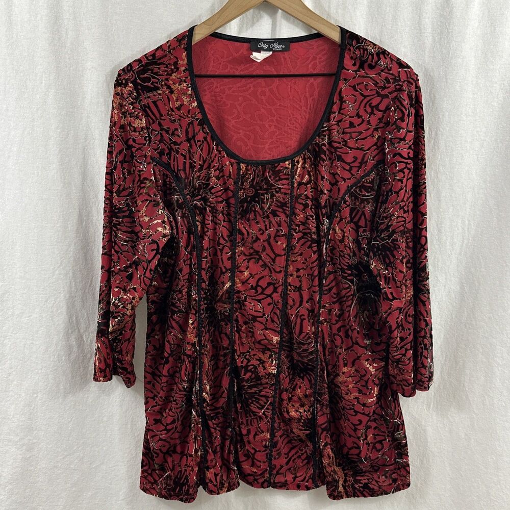 Only Nine Red Burnout Velvet Sheer Lace Trim Dark Romantic Boho Top Womens  1X?